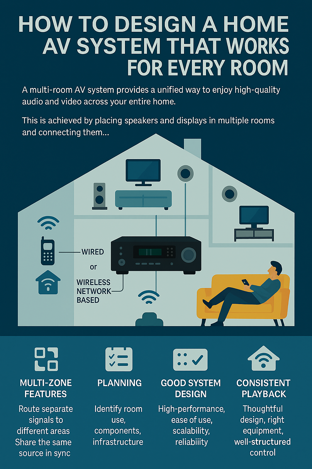 an infographic displaying how to design a home av system